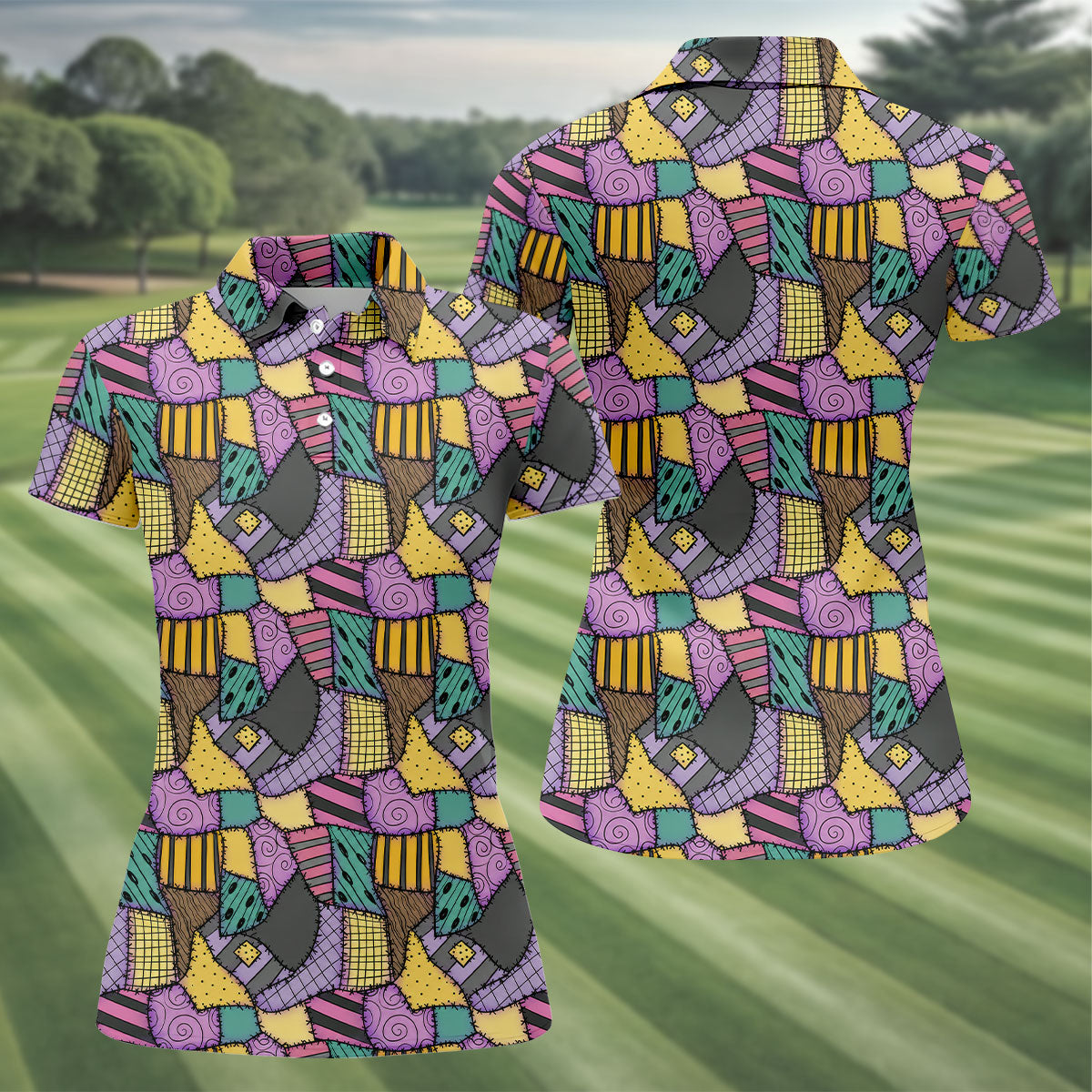 Halloween Patchwork Pattern Golf Polo Shirt, Women's Golf Tops, Golf Polo For Women