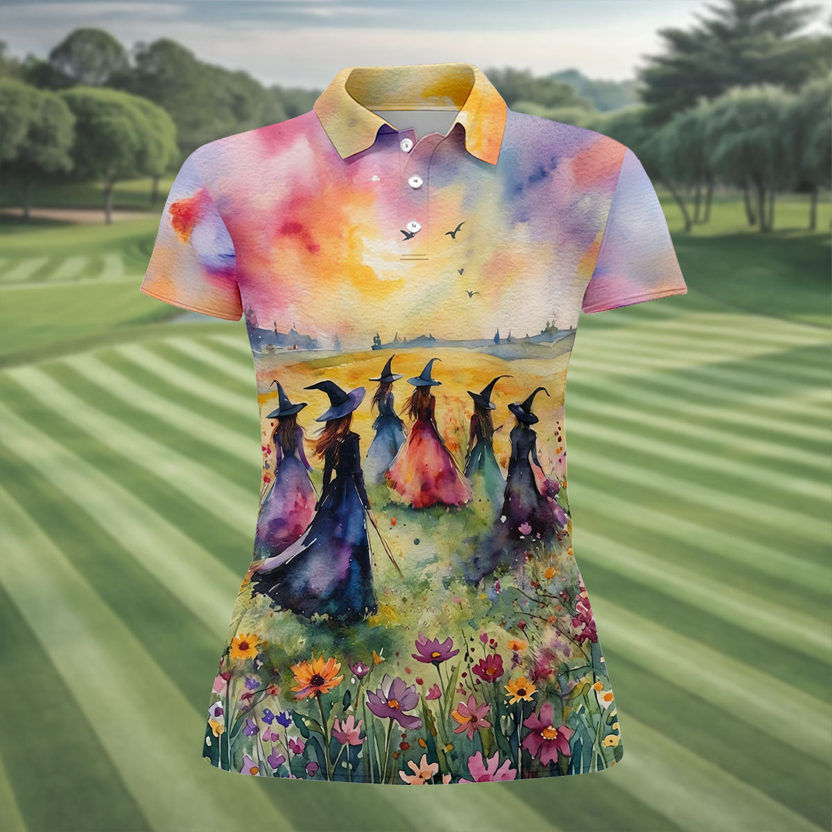 Watercolor Witch Gathering Halloween Golf Polo Shirt, Ladies Golf Tops, Women’s Golf Polo