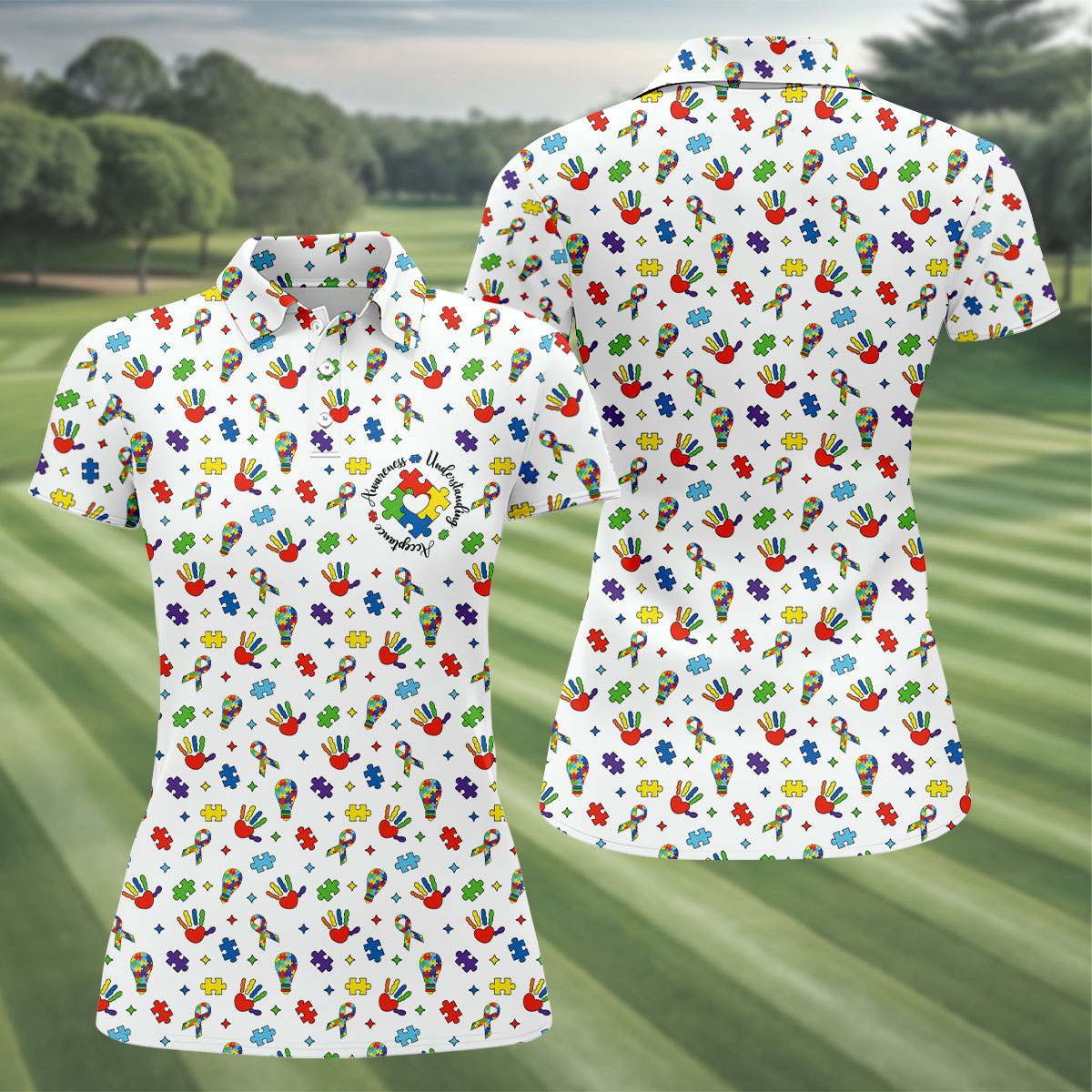 Awareness Understanding Acceptance Autism Ribbon White Golf Shirt, Autism Awareness Colors Women's Golf Tops