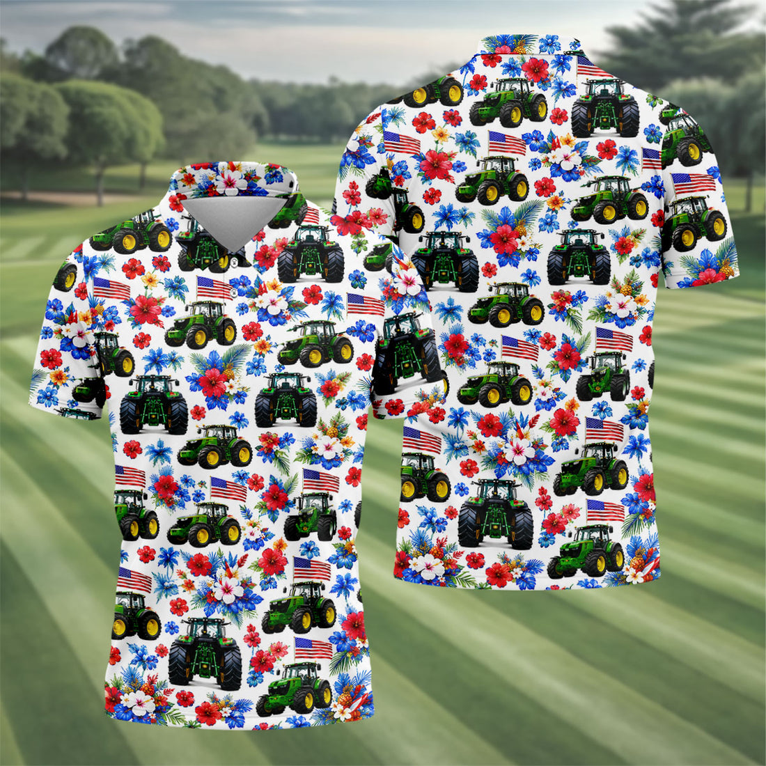 American Tractor Golf Shirt, Patriotic Wildflower Country Farm Pattern, Golf Shirt For Men
