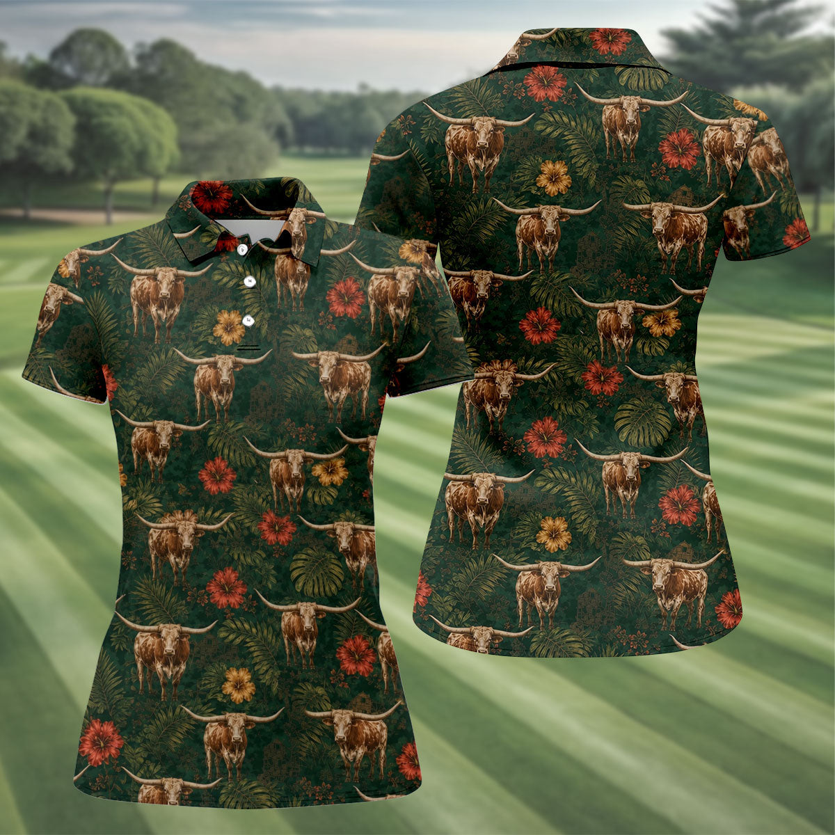 Texas Longhorn Tropical Pattern Golf Polo Shirt, Women's Golf Tops, Ladies Golf Shirts