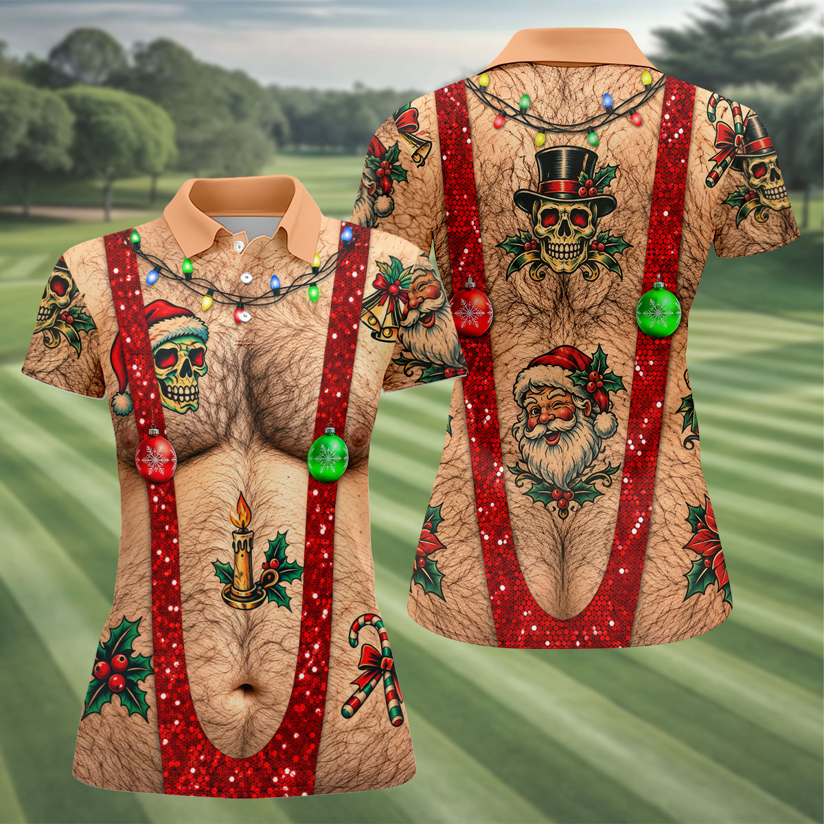 Santa Skull Hairy Chest Christmas Golf Shirt, Womens Golf Tops, Ladies Golf Shirts