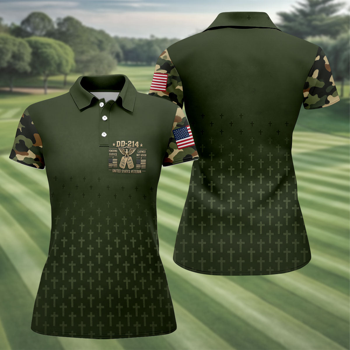 DD-214 Olive Green Cross Camo Polo Shirt, Golf Shirts For Women, Veterans Day Shirt