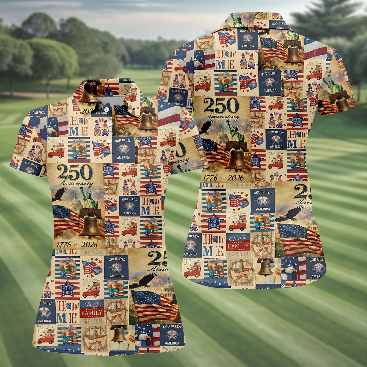 God Bless America Celebrating 250 Retro Golf Shirt, Patriotic 4th Of July Golf Shirt For Women