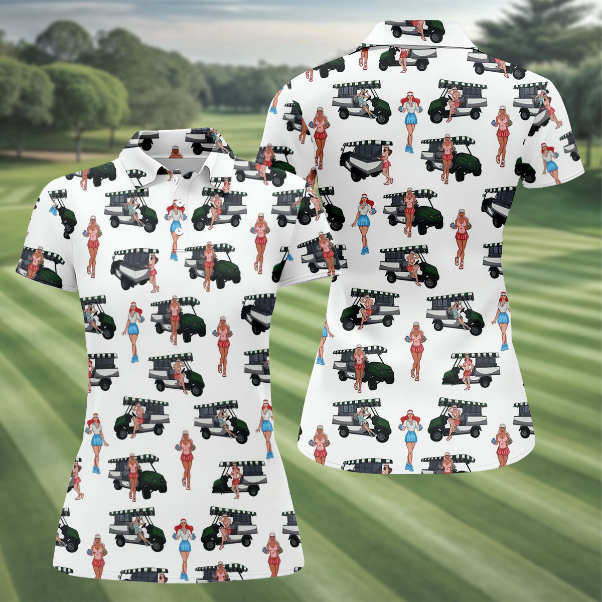 Golf Cart Girls Pattern Golf Polo Shirt, Ladies Golf Shirt, Women's Golf Apparel