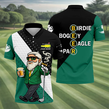 Birdie Boogey Eagle Par Plastered Beer Bottle Logo Golf Tops For Men, Golf And Beer Fun Golf Shirt