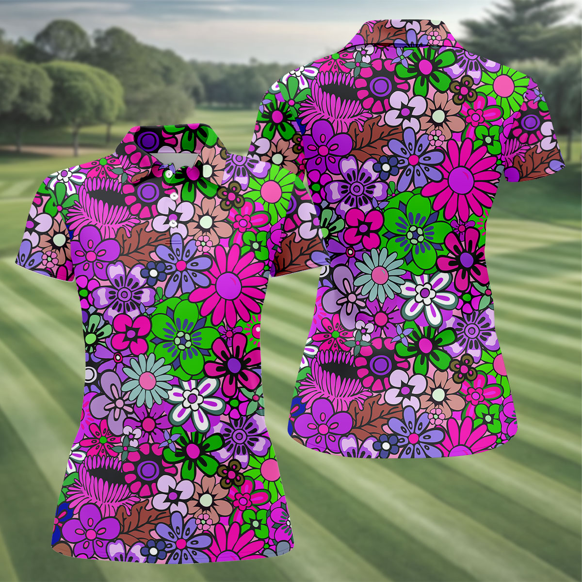 Pink Purple Retro Flower Power Golf Shirt, Women’s Golf Apparel, Hawaiian Golf Shirt, Golf Polo For Women