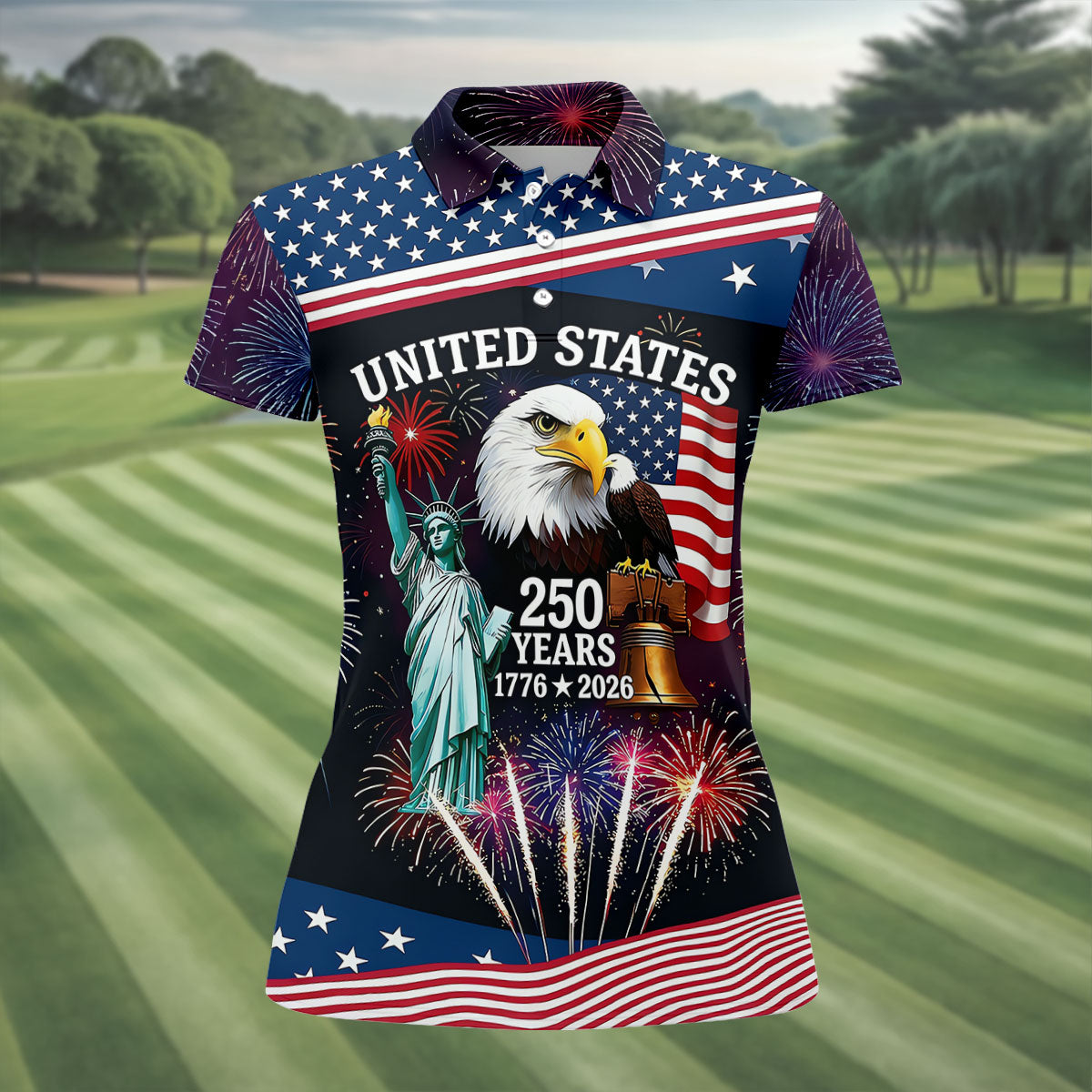 250 Years American Symbols US Flag Golf Shirt, Patriotic 4th Of July Golf Shirt For Women