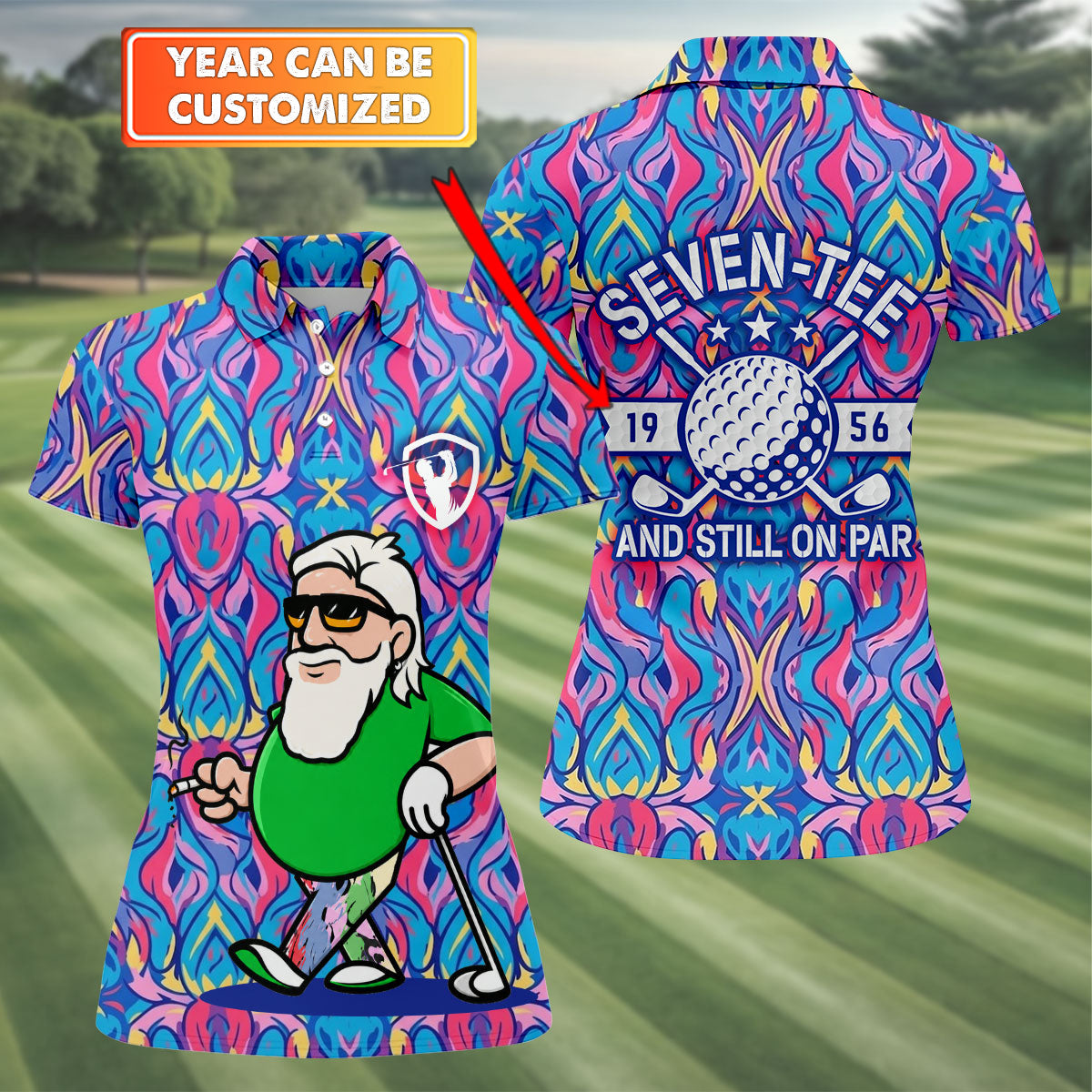 Colorful Psychedelic Santa Golfer Print Women's Golf Tops, Women’s Golf Apparel, Golf Polo For Women