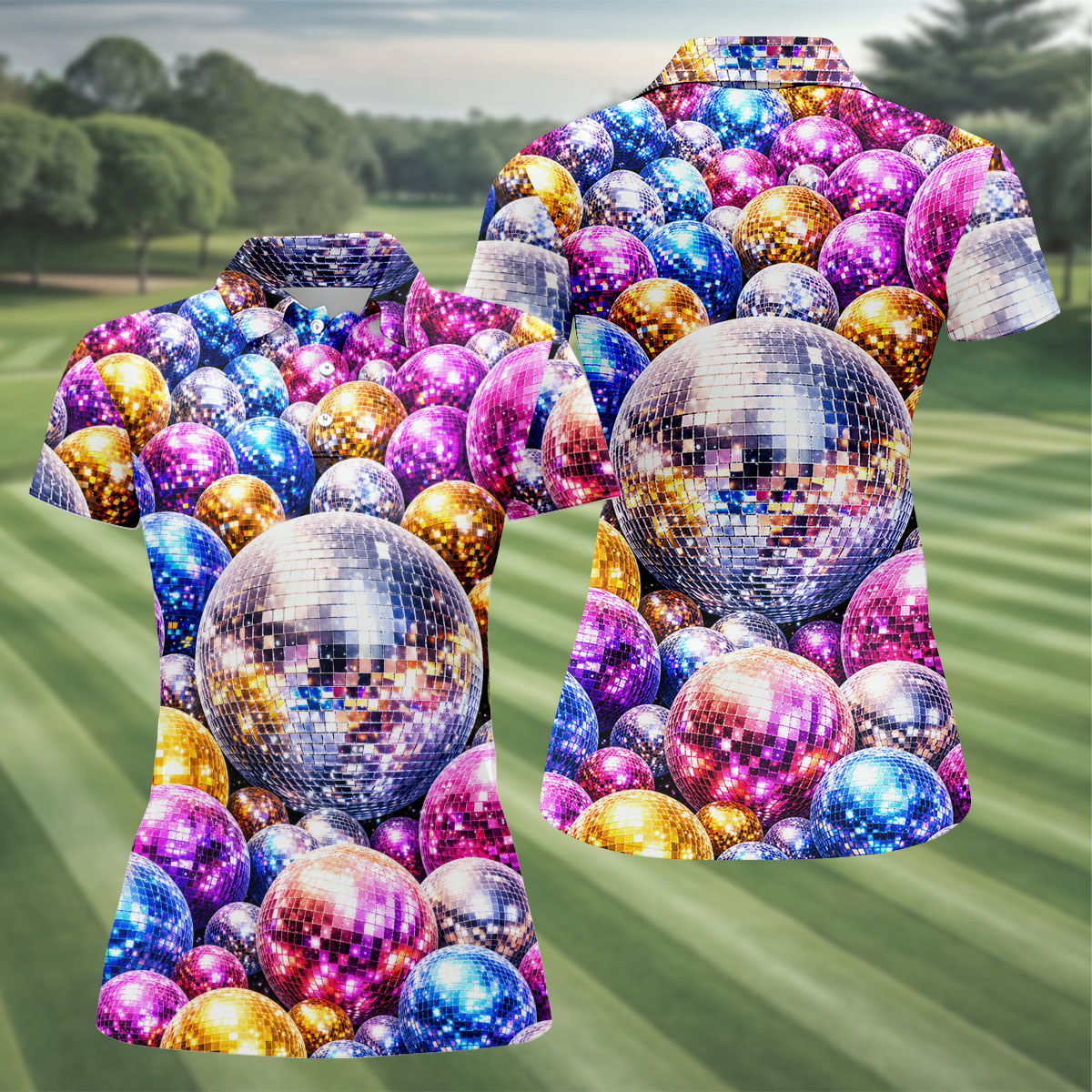 Colorful Disco Ball Party Pattern Polo Shirt, Womens Golf Tops, Golf Shirts For Women