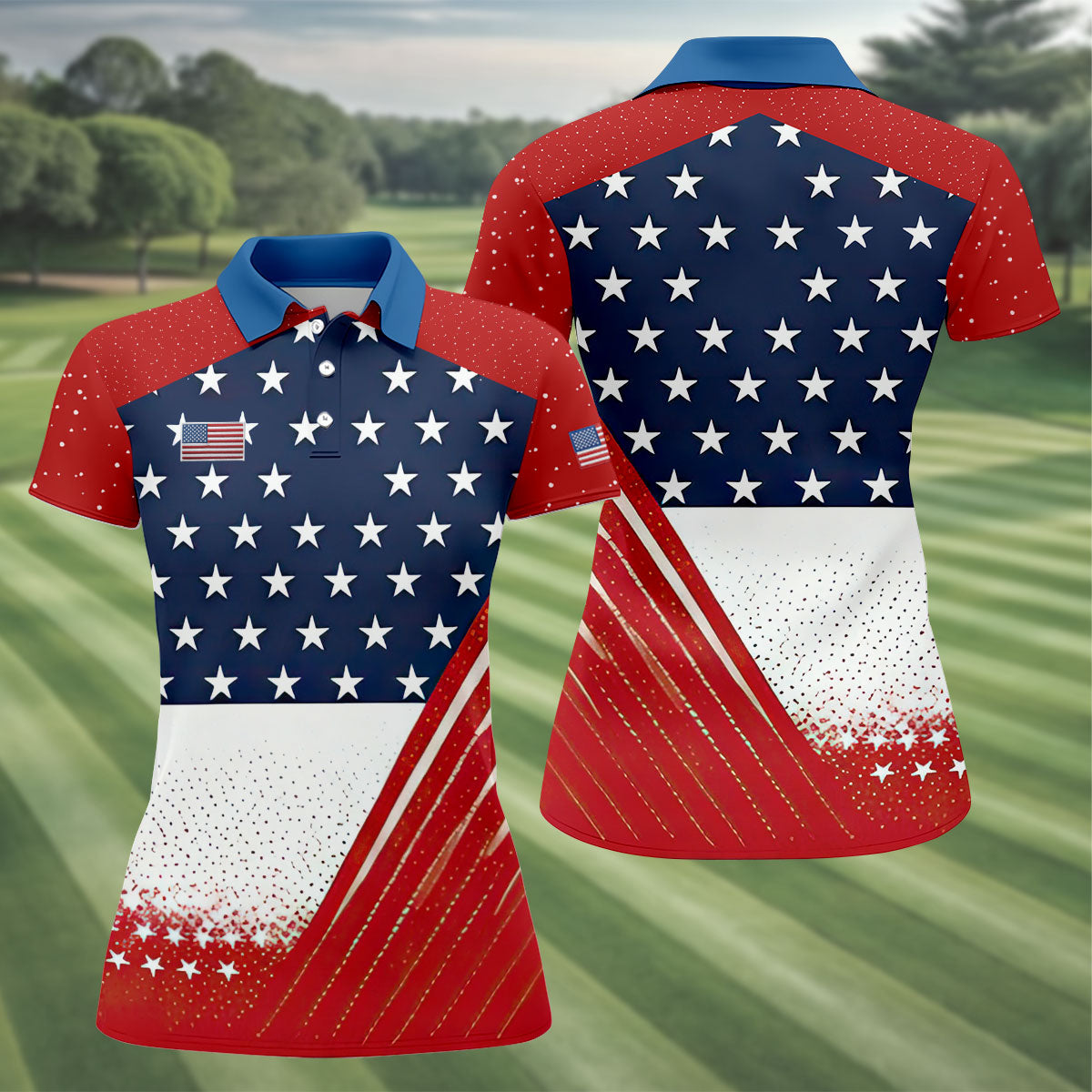 White Star Patriotic 4th Of July American Flag Golf Polo Shirt, Patriotic Golf Shirt, Golf Shirts For Women