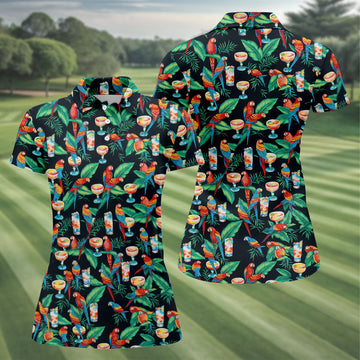 Colorful Parrots Margaritas Cinco De Mayo Celebration Fiesta Themed Tropical Pattern Golf Shirt For Women