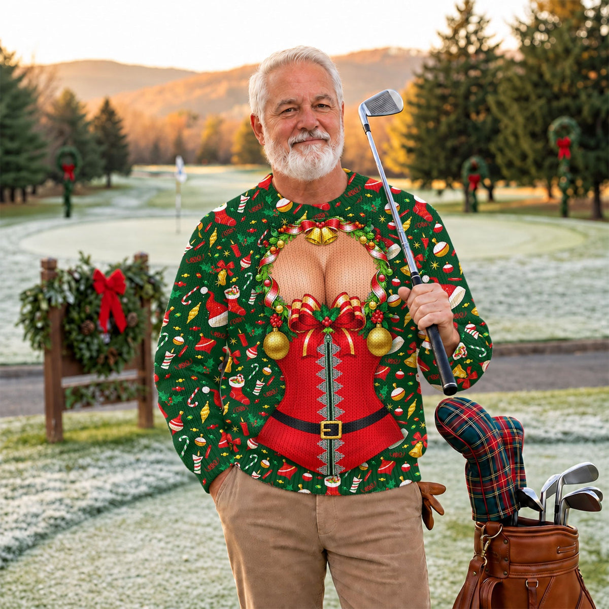Christmas Corset Bow Print Sweater, Christmas Golf Shirt For Men, Ugly Christmas Sweater