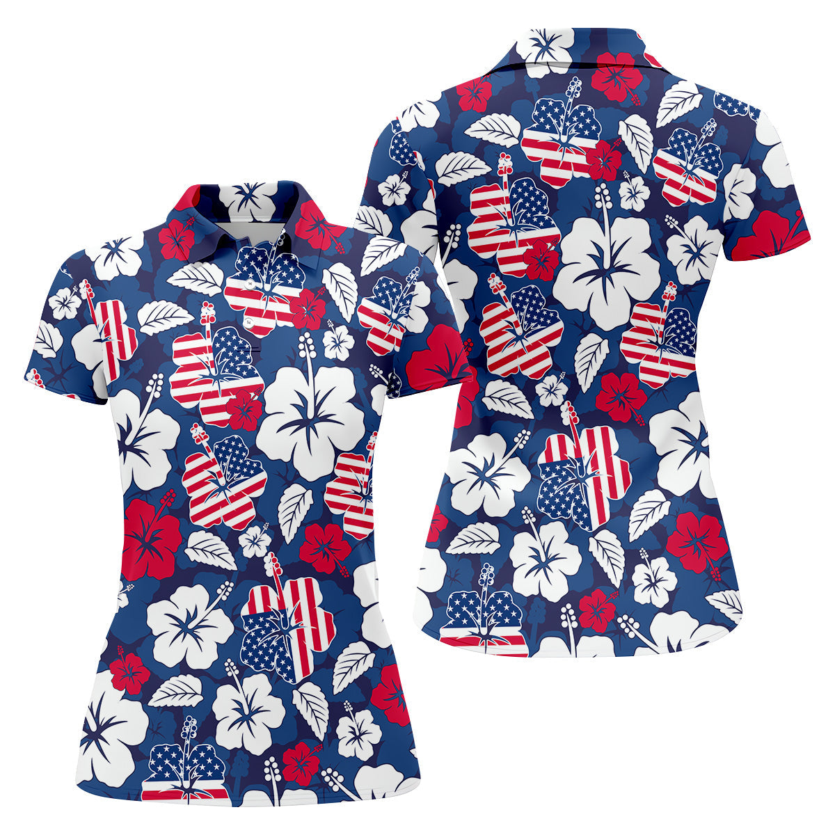 Tropical Hibiscus American Flag Womens Golf Polo Shirt, 4th Of July Shirts, US 250 Anniversary Ladies Golf Shirt