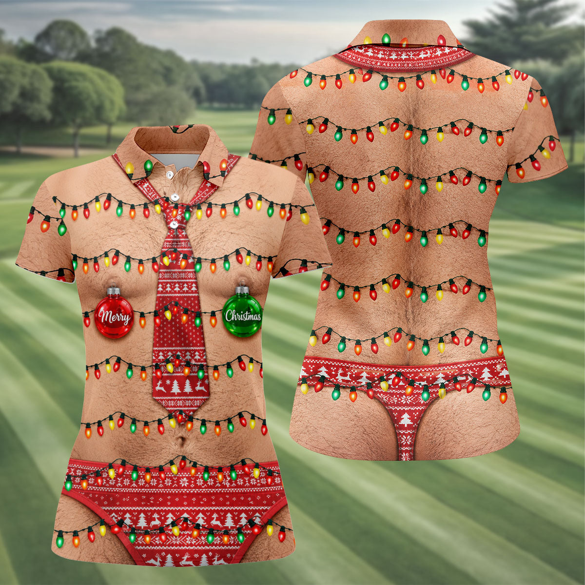 Funny Merry Christmas Lights Tie Polo Shirt, Printed Golf Shirt, Golf Shirts For Women