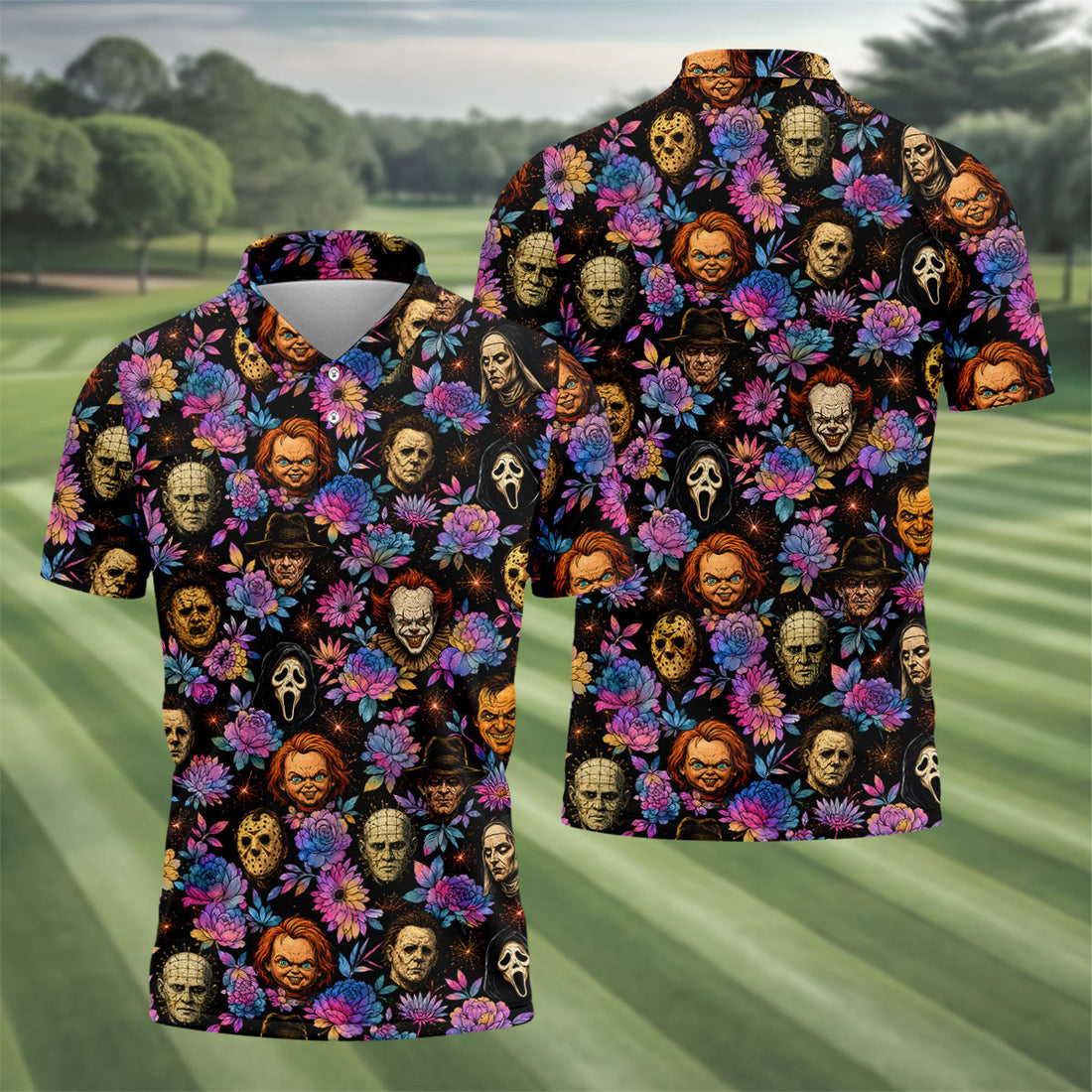 Floral Horror Character Halloween Golf Shirt, Golf Shirts For Men, Mens Golf Apparel