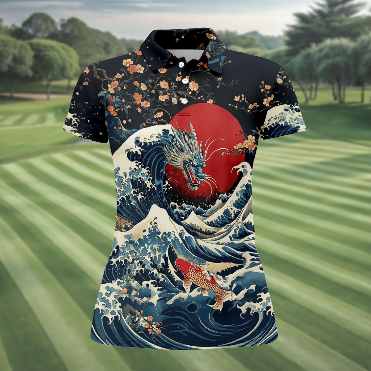 Japanese Dragon Koi Wave Hawaiian Golf Shirt, Golf Tops For Women, Women's Golf Polo