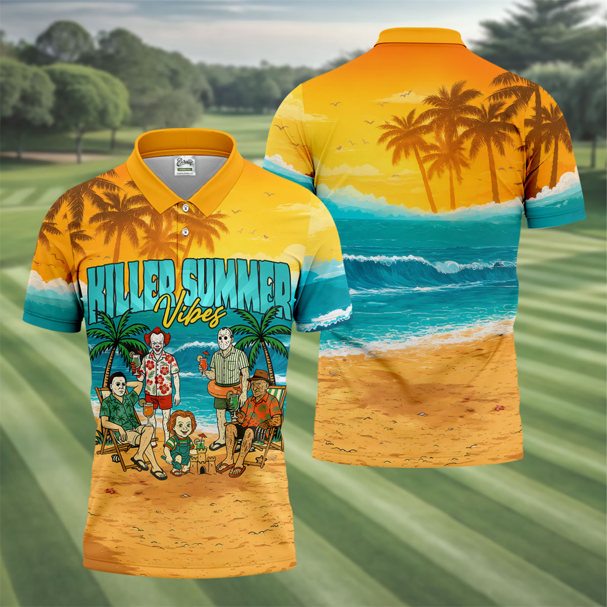 Killer Summer Vibes Horror Beach Party Golf Hawaiian Shirt, Men's Golf Shirt, Mens Golf Polo
