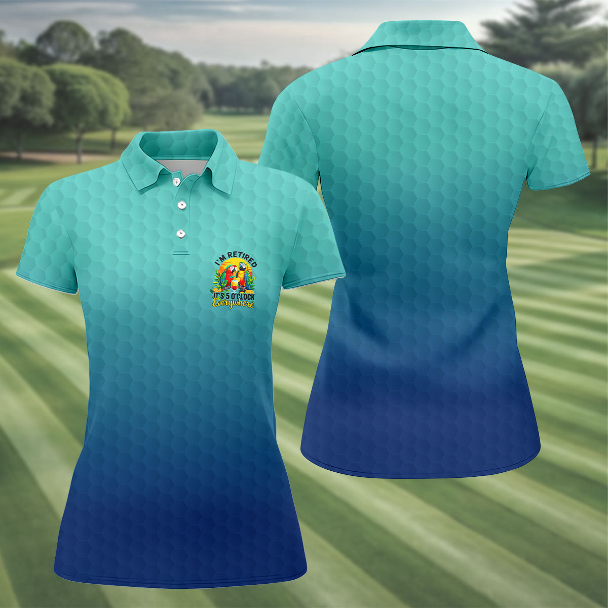 Blue Tropical Parrot Retirement Golf Polo Shirt, Golf Tops For Women, Ladies Golf Top