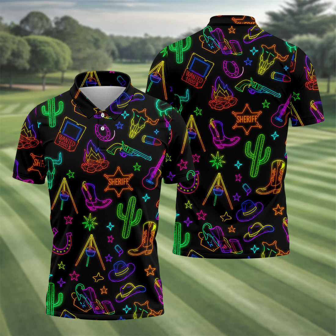 Neon Western Cowboy Pattern Golf Polo Shirt, Men's Golf Polo, Hawaiian Golf Shirt