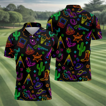 Neon Western Cowboy Pattern Golf Polo Shirt, Men's Golf Polo, Hawaiian Golf Shirt