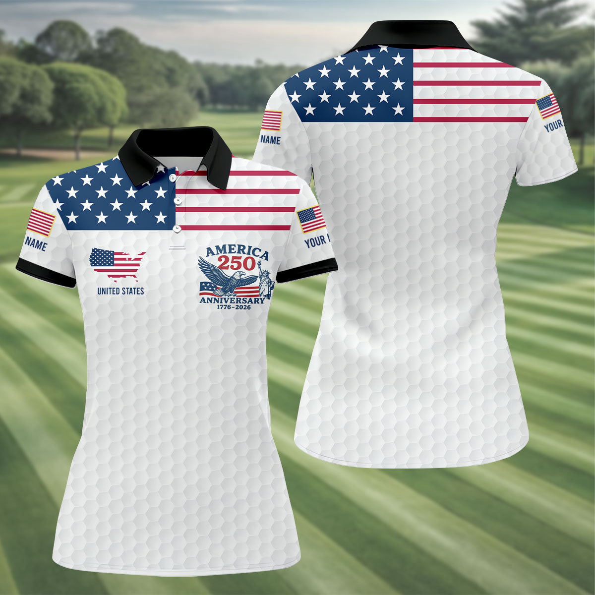 America 250 Anniversary 1776-2026 Golf Ball Pattern Patriotic Golf Shirt, Women's Golf Tops, Ladies Golf Polos