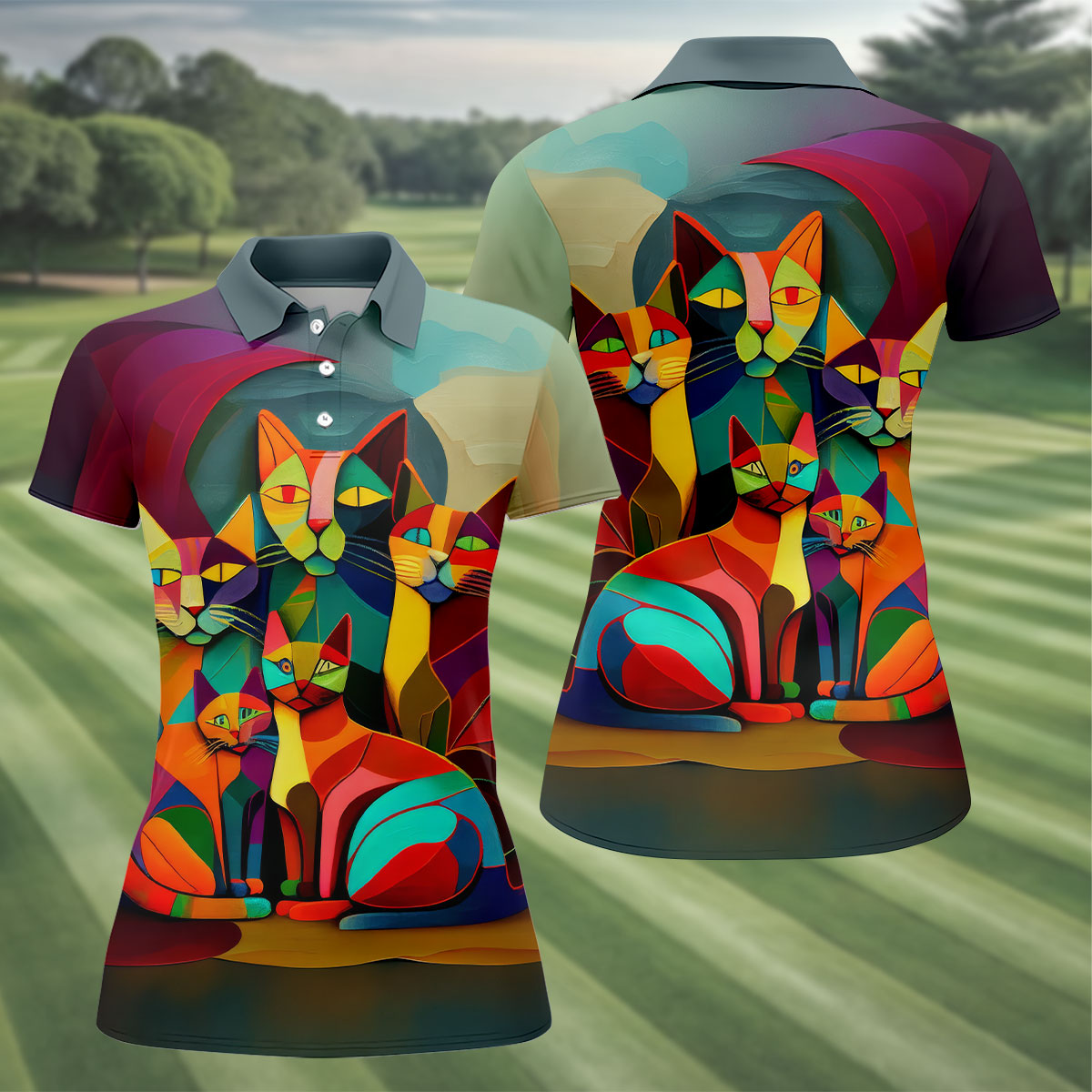 Abstract Colorful Cat Halloween Golf Polo Shirt, Women's Golf Tops, Golf Polo For Women