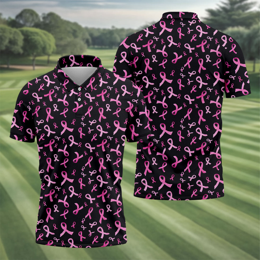 Watercolor Pink Ribbon Breast Cancer Polo Shirt, Polo Shirts For Men, Printed Golf Shirts
