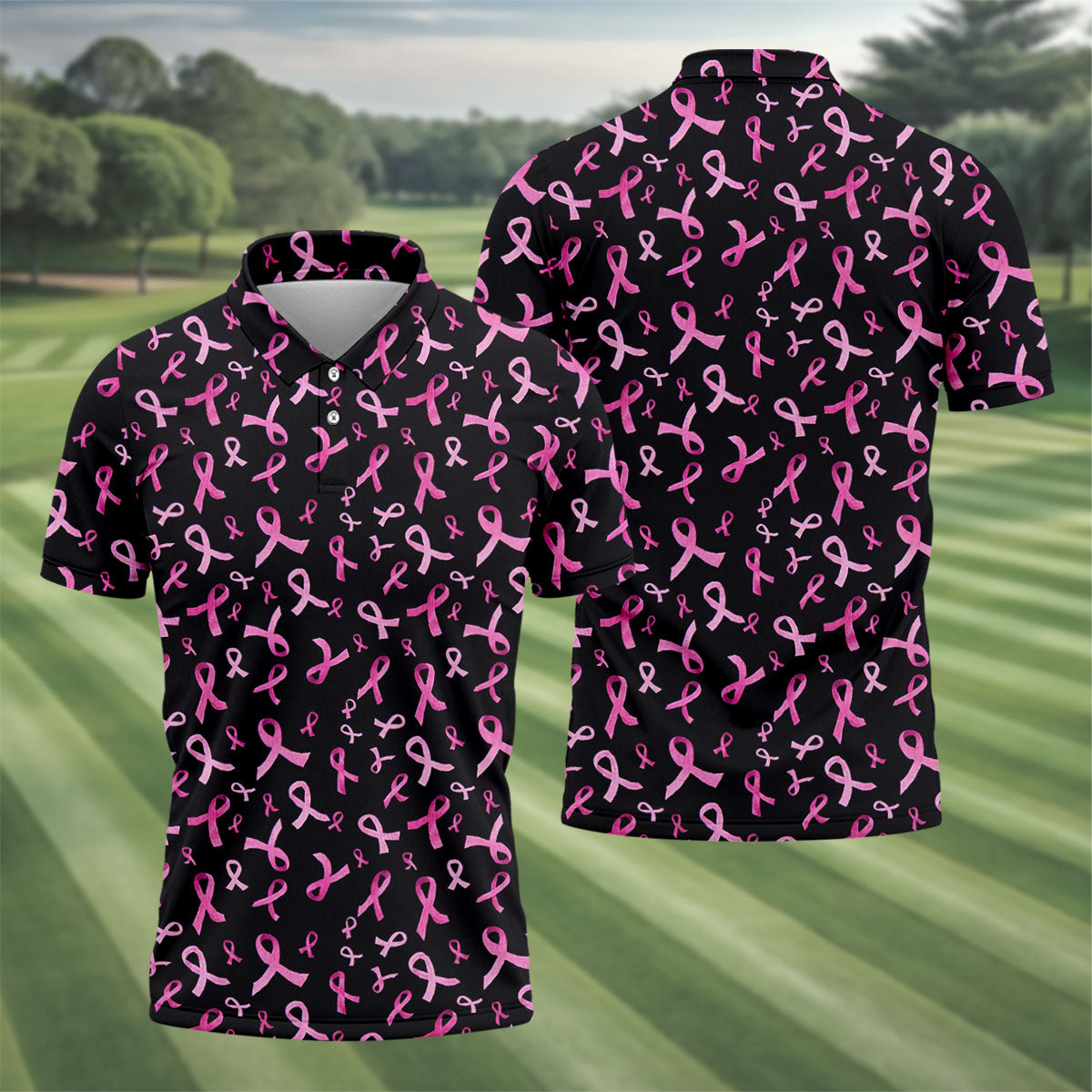 Watercolor Pink Ribbon Breast Cancer Polo Shirt, Polo Shirts For Men, Printed Golf Shirts