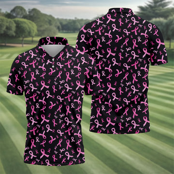 Watercolor Pink Ribbon Breast Cancer Polo Shirt, Polo Shirts For Men, Printed Golf Shirts