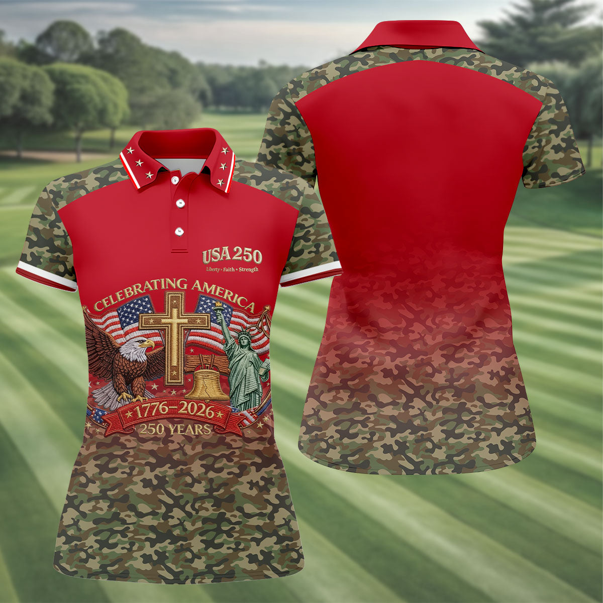 Liberty Faith Strength Faith Cross USA 250 Red Camo Golf Shirt, 4th Of July Golf Shirt For Women