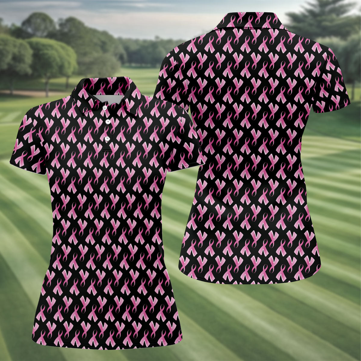 Pink Ribbon Pattern Breast Cancer Polo Shirt, Women’s Golf Polo, Ladies Golf Shirts