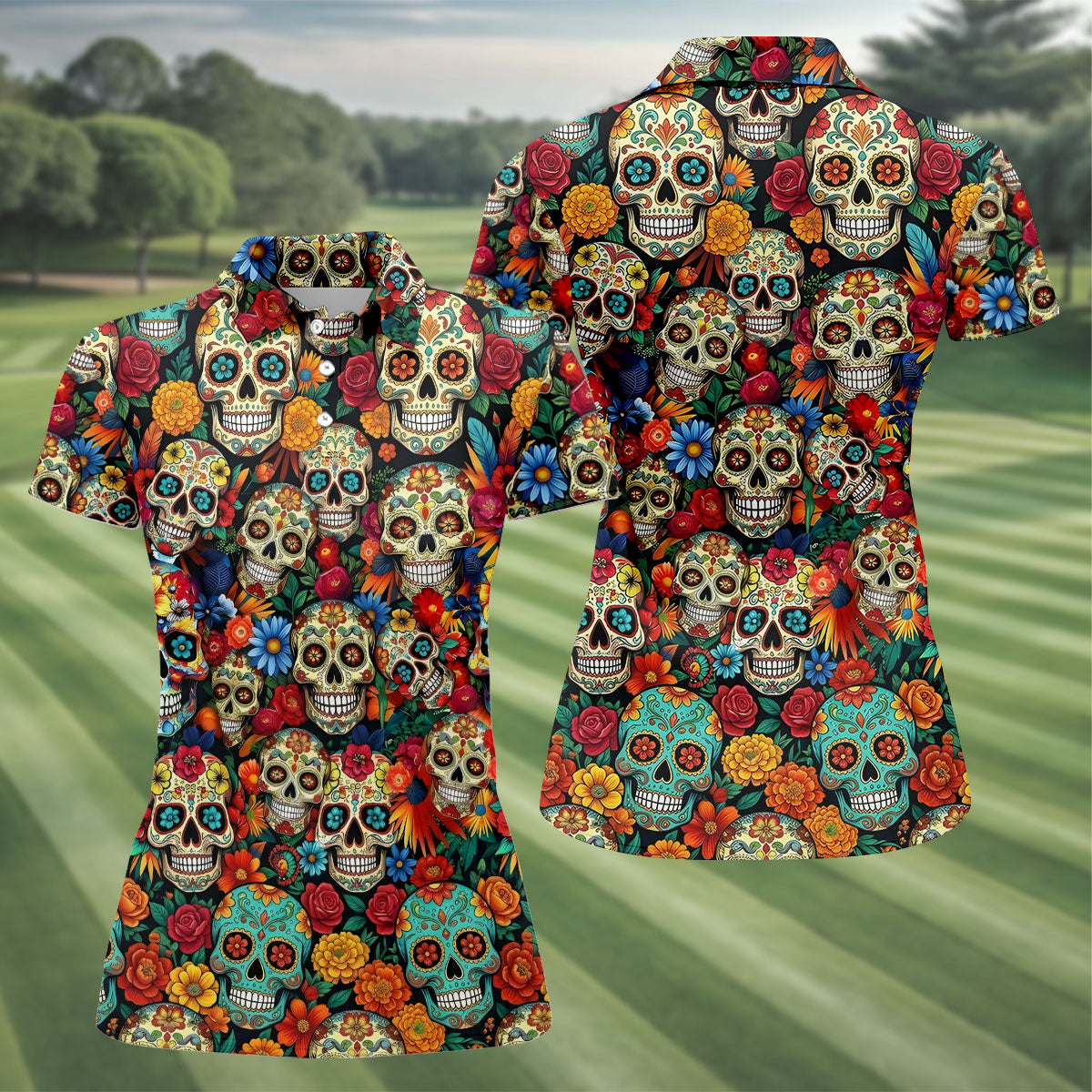 Decorated Skulls Cinco De Mayo Celebration Fiesta Themed Floral Pattern Golf Shirt For Women