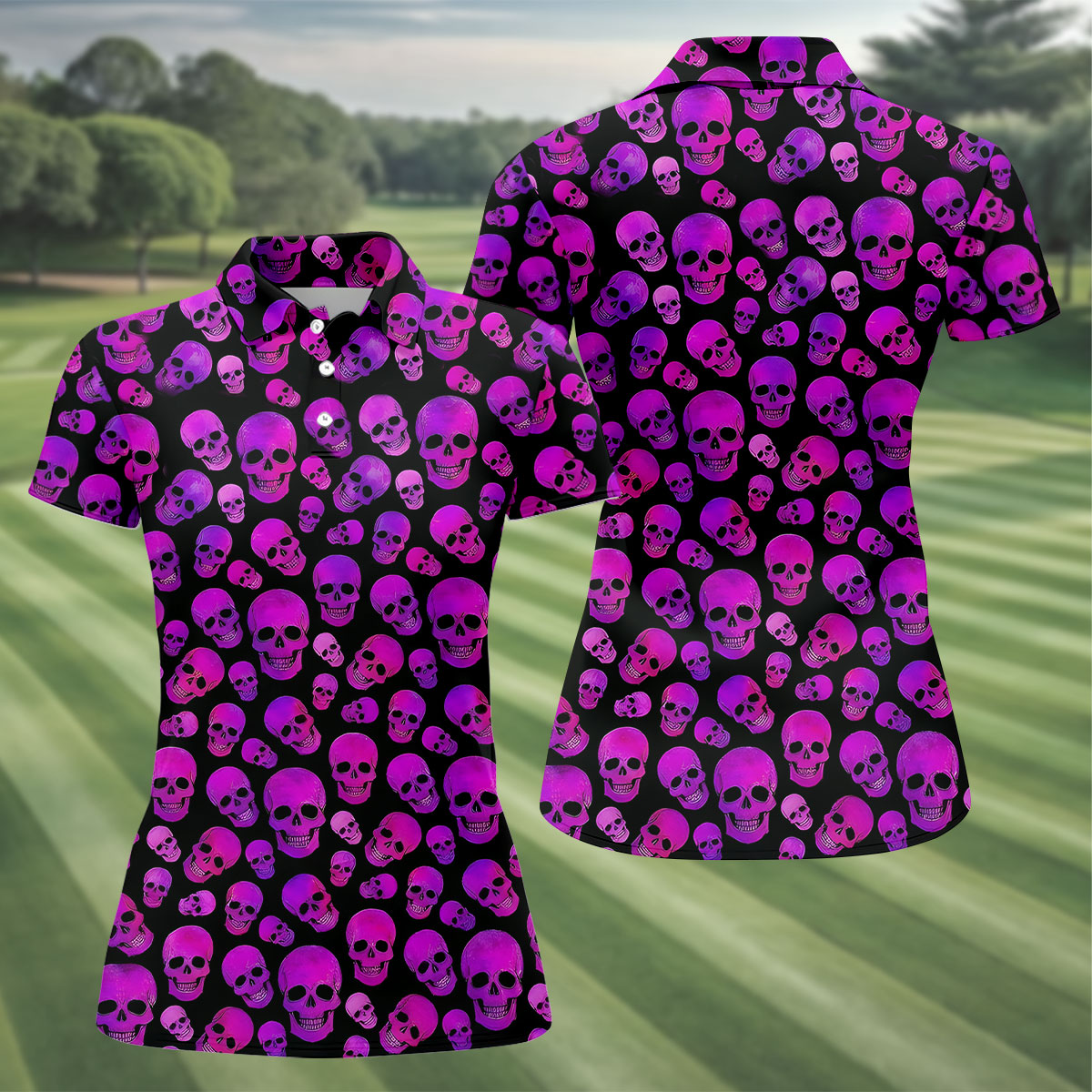 Purple Skull Gothic Pattern Hawaiian Golf Shirt, Women’s Golf Polo, Printed Golf Shirt