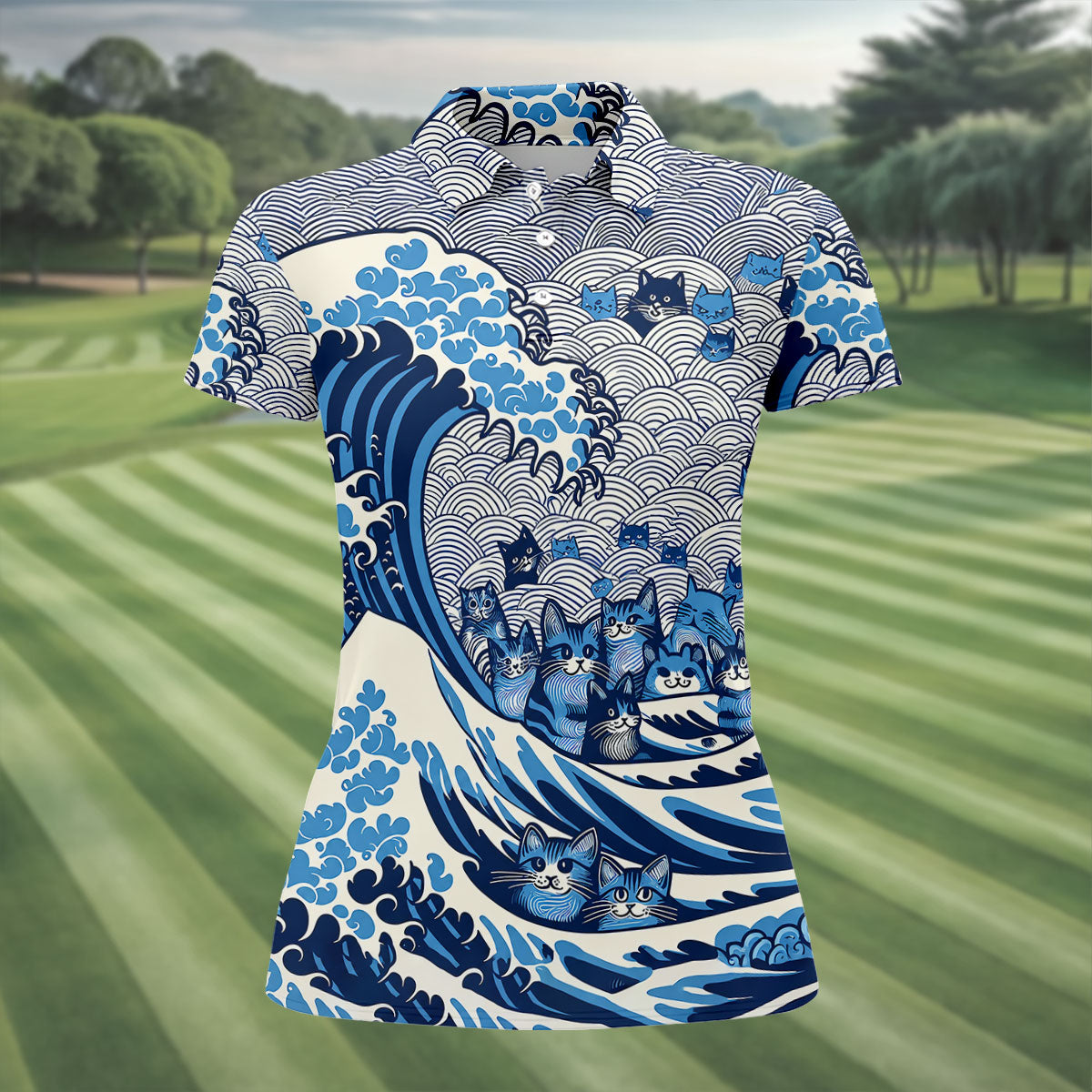 Japanese Wave Cat Hawaiian Golf Shirt, Golf Shirts For Women, Women’s Golf Apparel