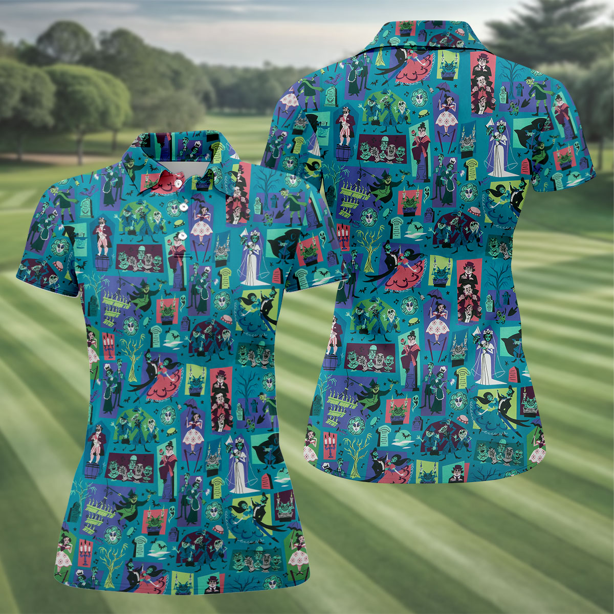 Retro Haunted House Halloween Golf Polo Shirt, Horror Character Halloween Shirt, Women's Golf Polo