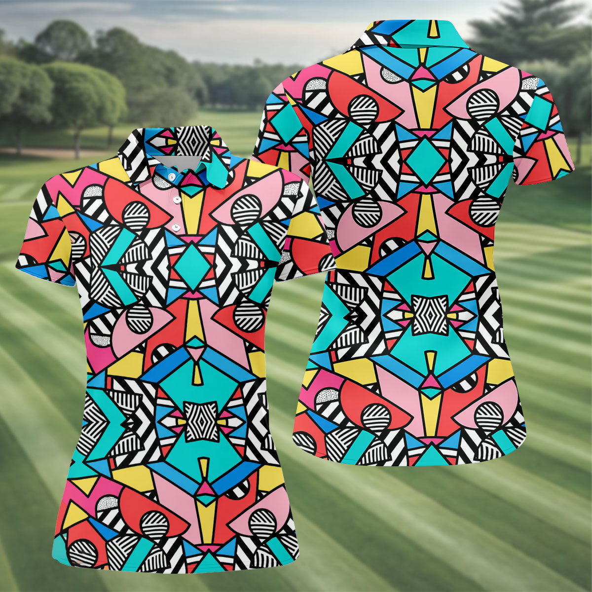 Abstract Geometric Pop Art Golf Polo Shirt, Women's Golf Tops, Women’s Golf Apparel