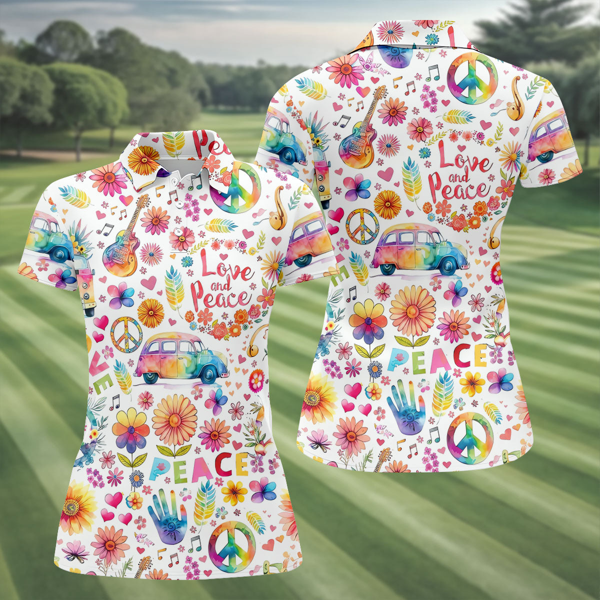 Retro Love Peace Van Floral Hawaiian Golf Shirt, Women’s Golf Tops, Performance Golf Shirt