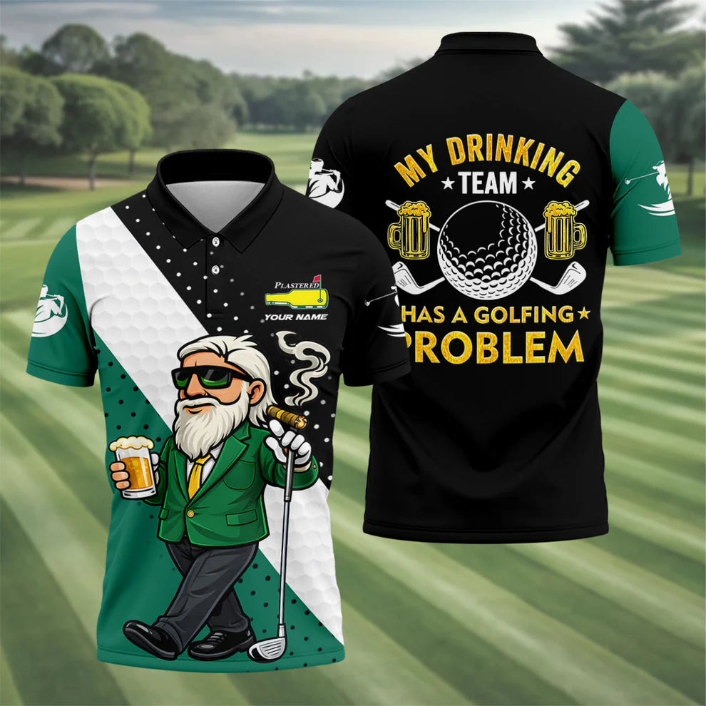 My Drinking Team Has A Golfing Problem Plastered Beer Bottle Logo Golf Tops For Men, Golf And Beer Fun Golf Shirt