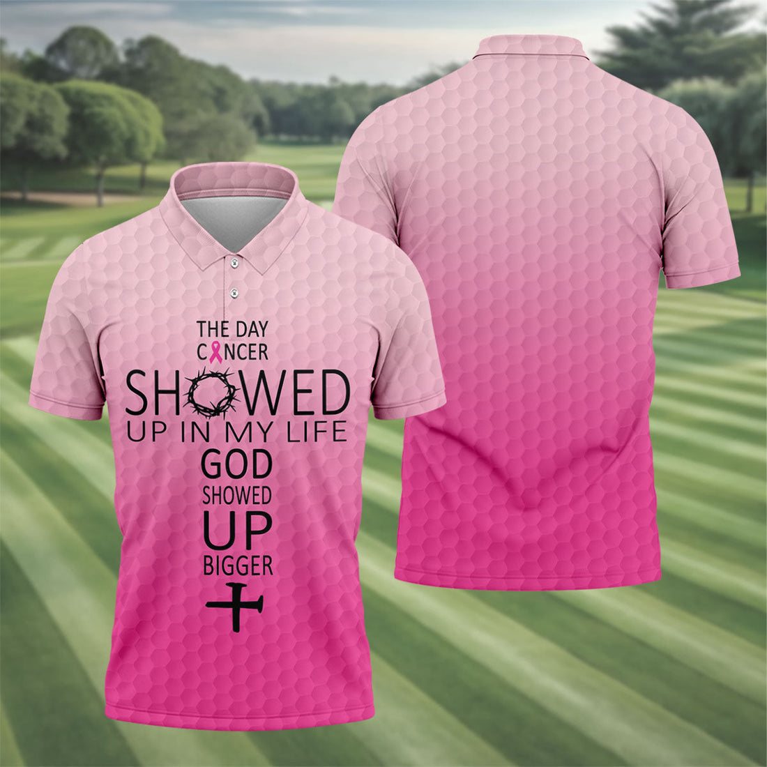 Cancer Showed Up God Showed Up Bigger Breast Cancer Polo Shirt, Mens Golf Shirts