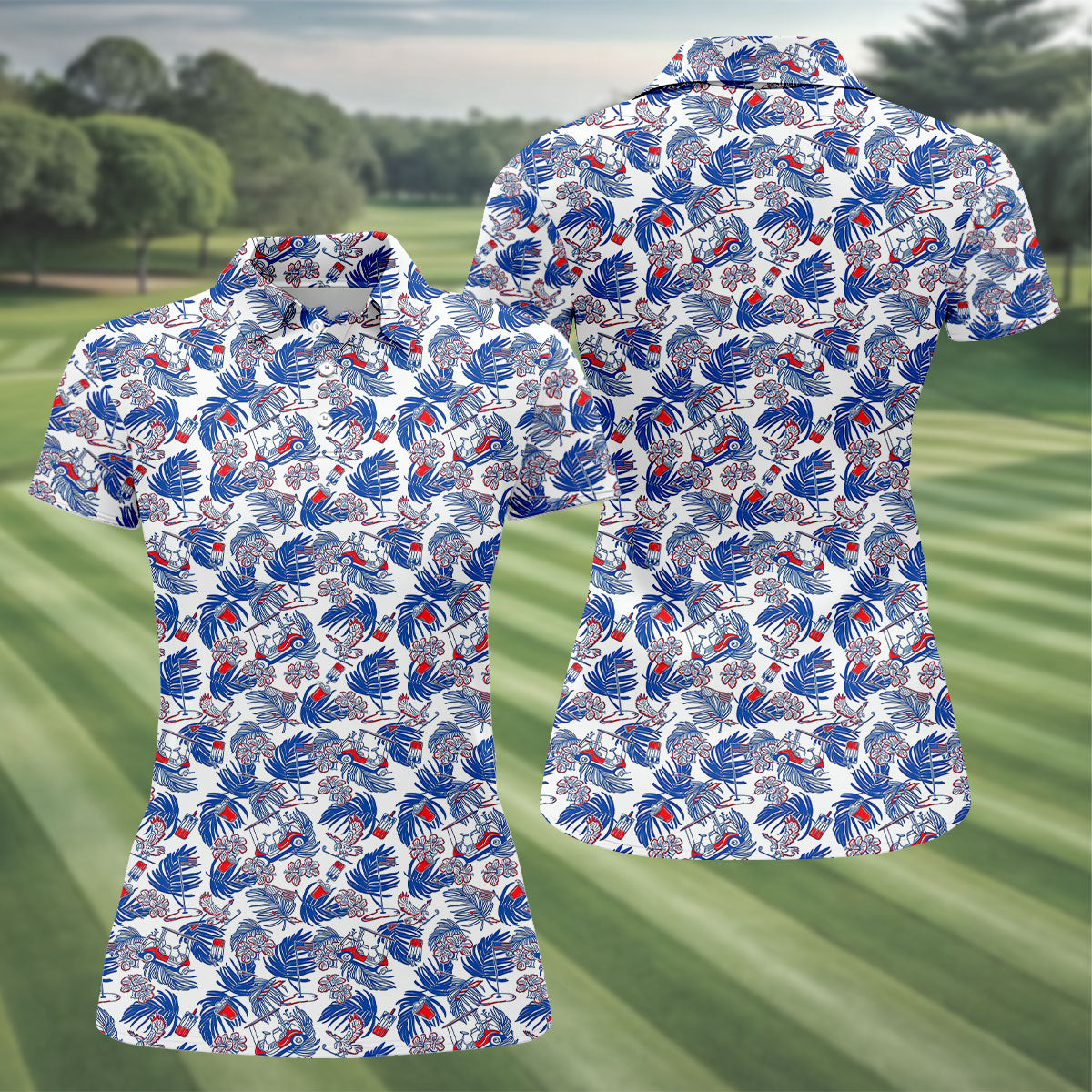 Par-Tee In The USA Red White Blue Tropical Golf Shirt, 250 Years Patriotic 4th Of July Golf Shirt For Women