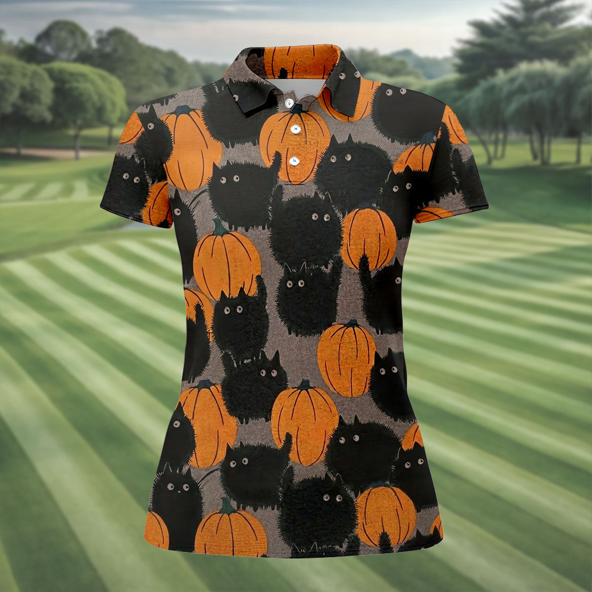 Black Cat Pumpkin Halloween Golf Polo Shirt, Women's Golf Apparel, Golf Shirts For Women