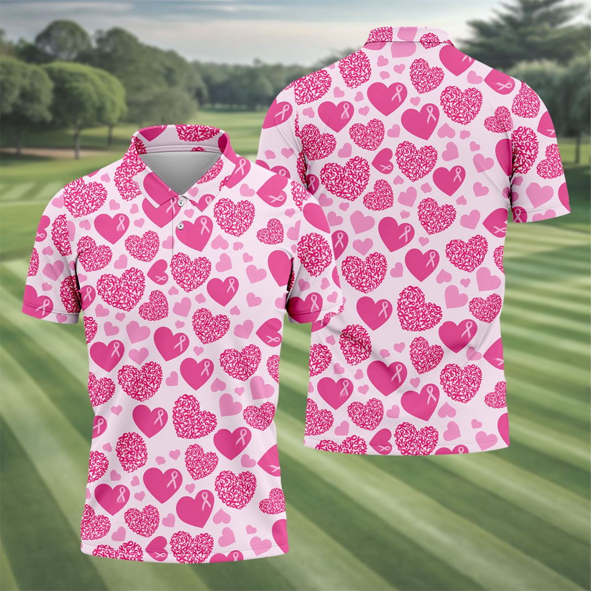 Pink Ribbon Heart Pattern Breast Cancer Polo Shirt, Golf Shirts For Men, Mens Golf Apparel