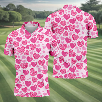 Pink Ribbon Heart Pattern Breast Cancer Polo Shirt, Golf Shirts For Men, Mens Golf Apparel