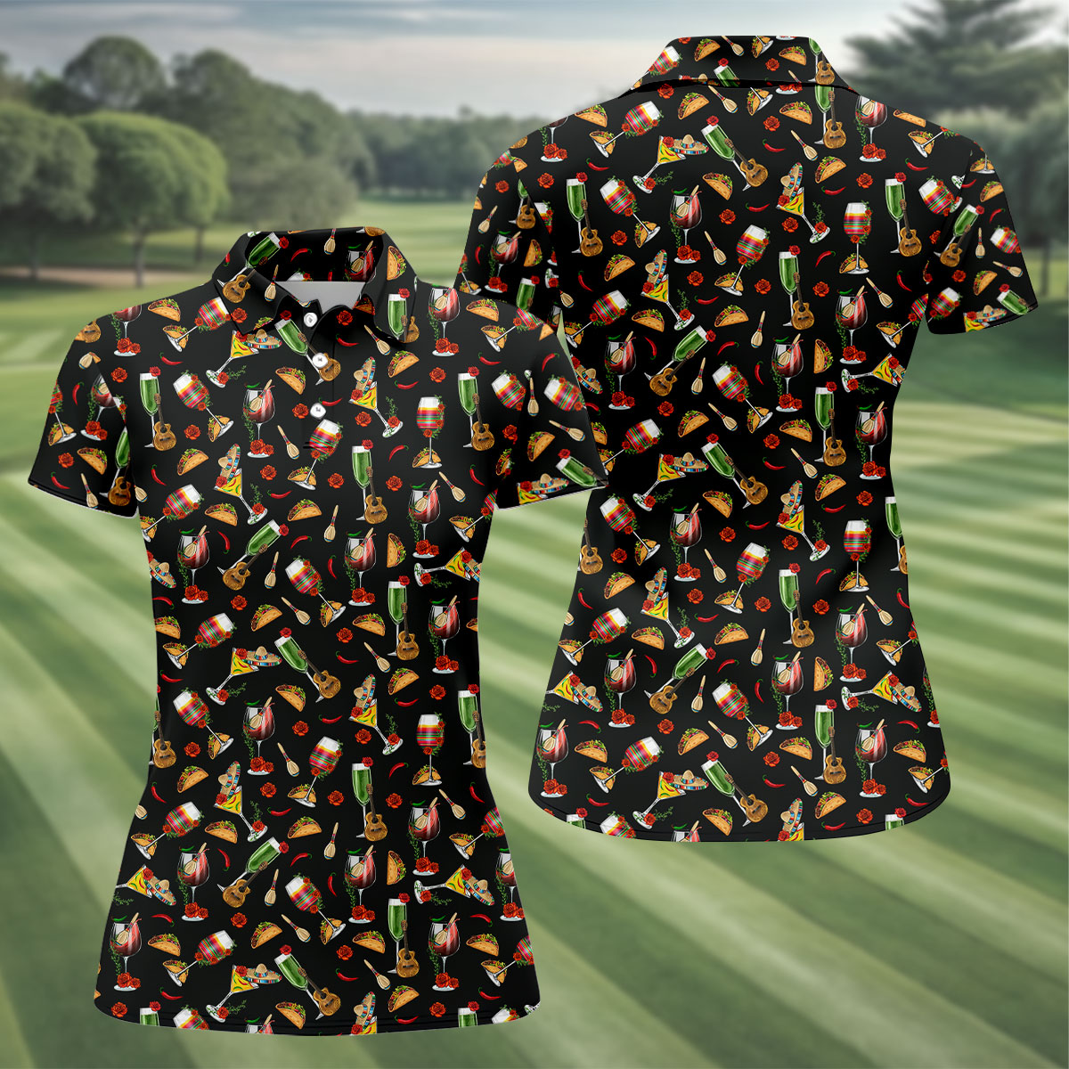 Traditional Mexican Taco And Wine Ladies Golf Tops, Cinco De Mayo Celebration Golf Shirt For Women