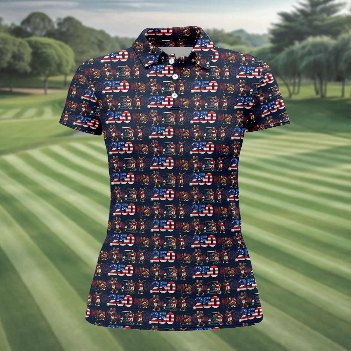 Funny Bigfoot Golf Pose Patriotic 4th Of July Black Golf Shirt, 250 Years Golf Shirt For Women