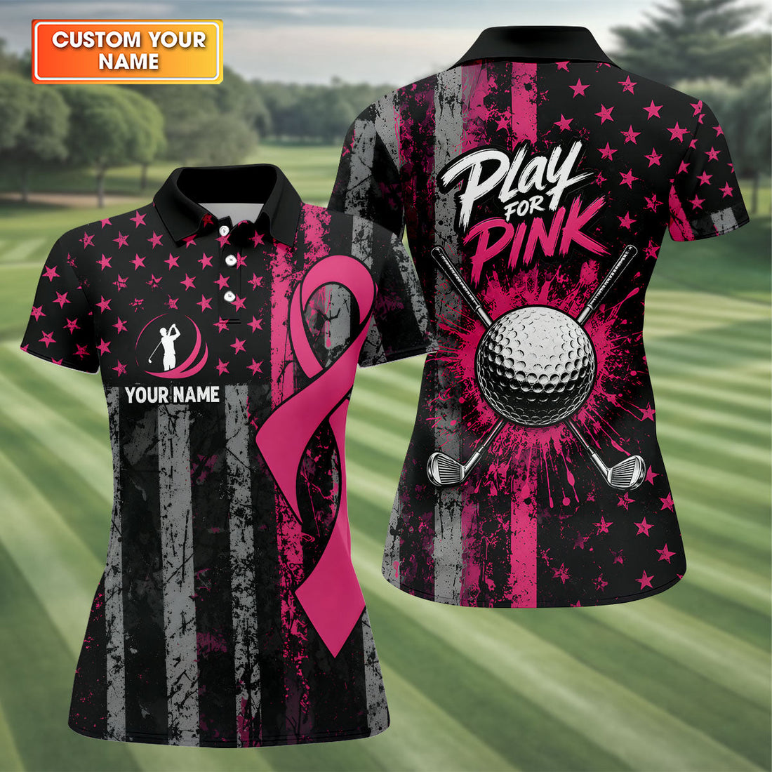 Custom Play For Pink Breast Cancer Golf Polo Shirt, Golf Tops For Women, Women’s Golf Apparel