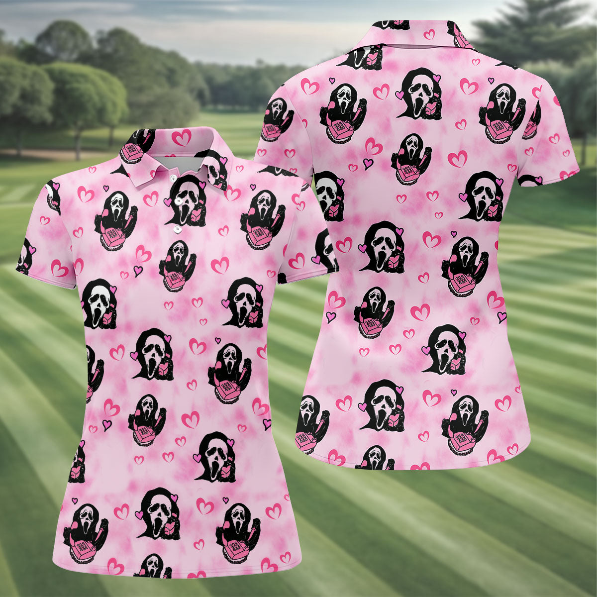 Pink Cute Ghost Caller Heart Pattern Halloween Golf Polo Shirt, Golf Shirts For Women