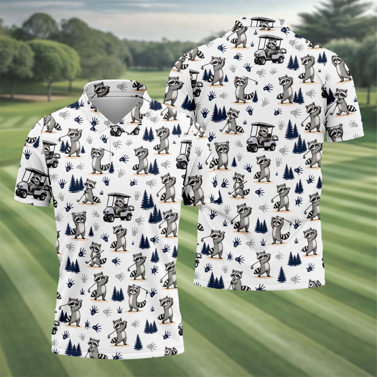 Funny Raccoon Golf Cart Pattern Polo Shirt, Men's Golf Shirt, Golf Apparel For Men