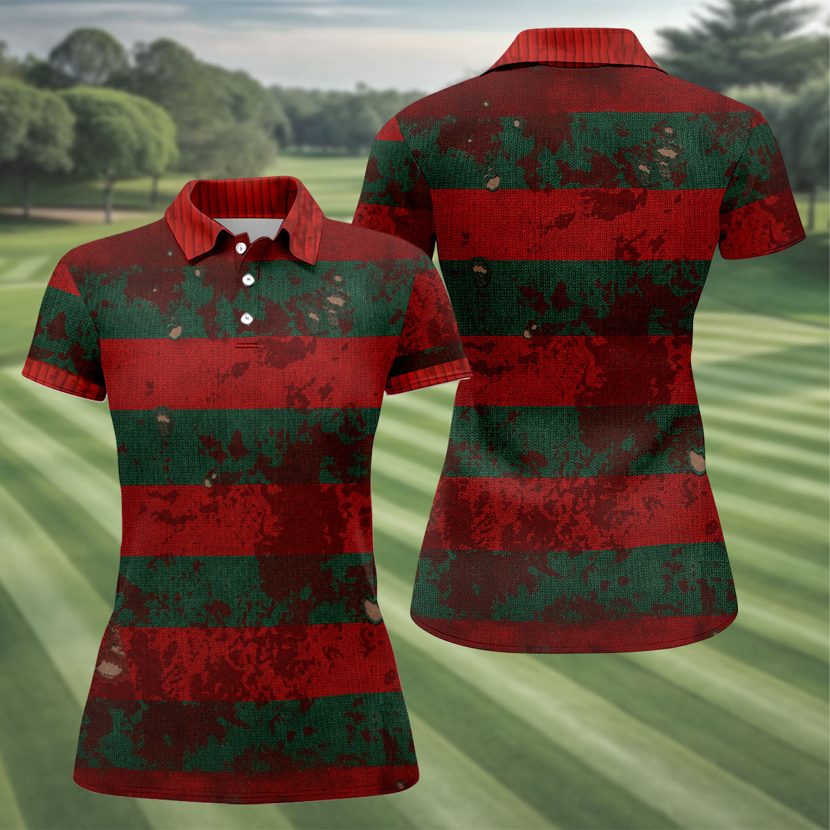 Distressed Red Green Horror Knit Golf Polo Shirt, Ladies Golf Tops, Golf Shirts For Women